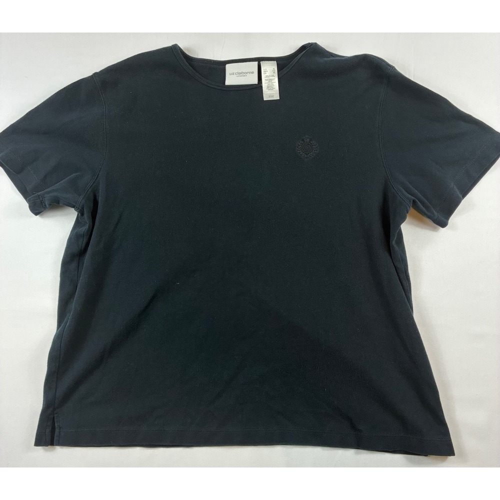 Liz Claiborne Lizsport T-Shirt Women XL Black Short Sleeve Crest Logo Cotton Tee